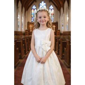 NEW Girls First Holy Communion Dress Size 5 - Striped Organza Satin Waist Trim